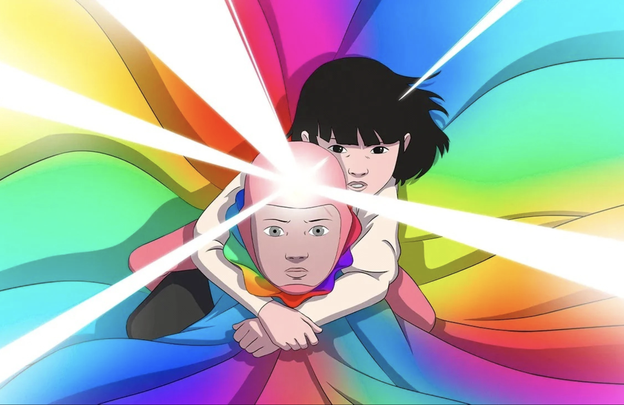 An animated still featuring a boy wearing a voluminous rainbow-colored cape. A small girl clings to his shoulders as they fly through the air.